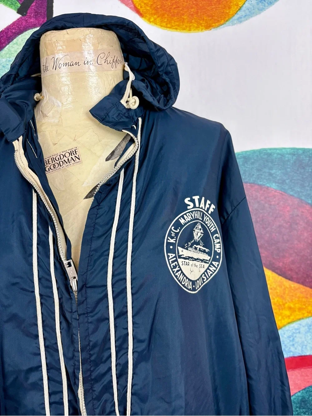 VTG 1970s Knights of Columbus Camp Maryhill Navy Hooded Windbreaker Jacket